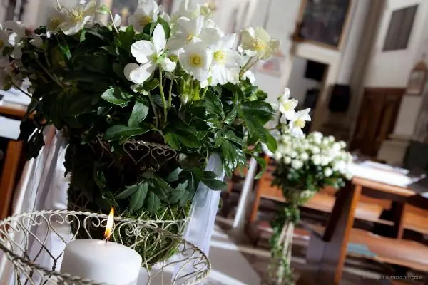 Composizione bianca con orchidee e verde su alzata in ferro