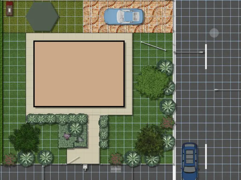 Planimetria a colori di un giardino con prato, alberi, vialetti e posti auto