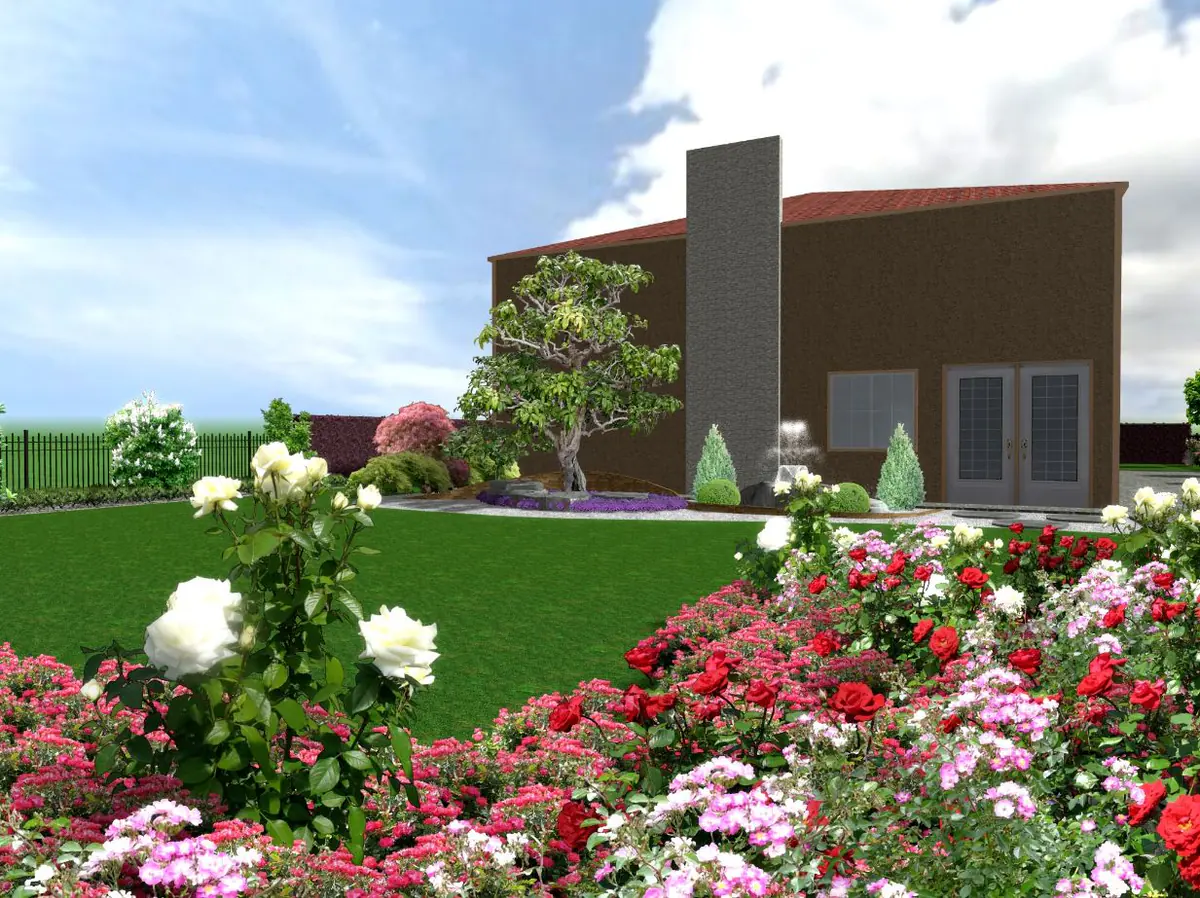 Render di progetto: giardino privato con roseto e prato davanti all'abitazione