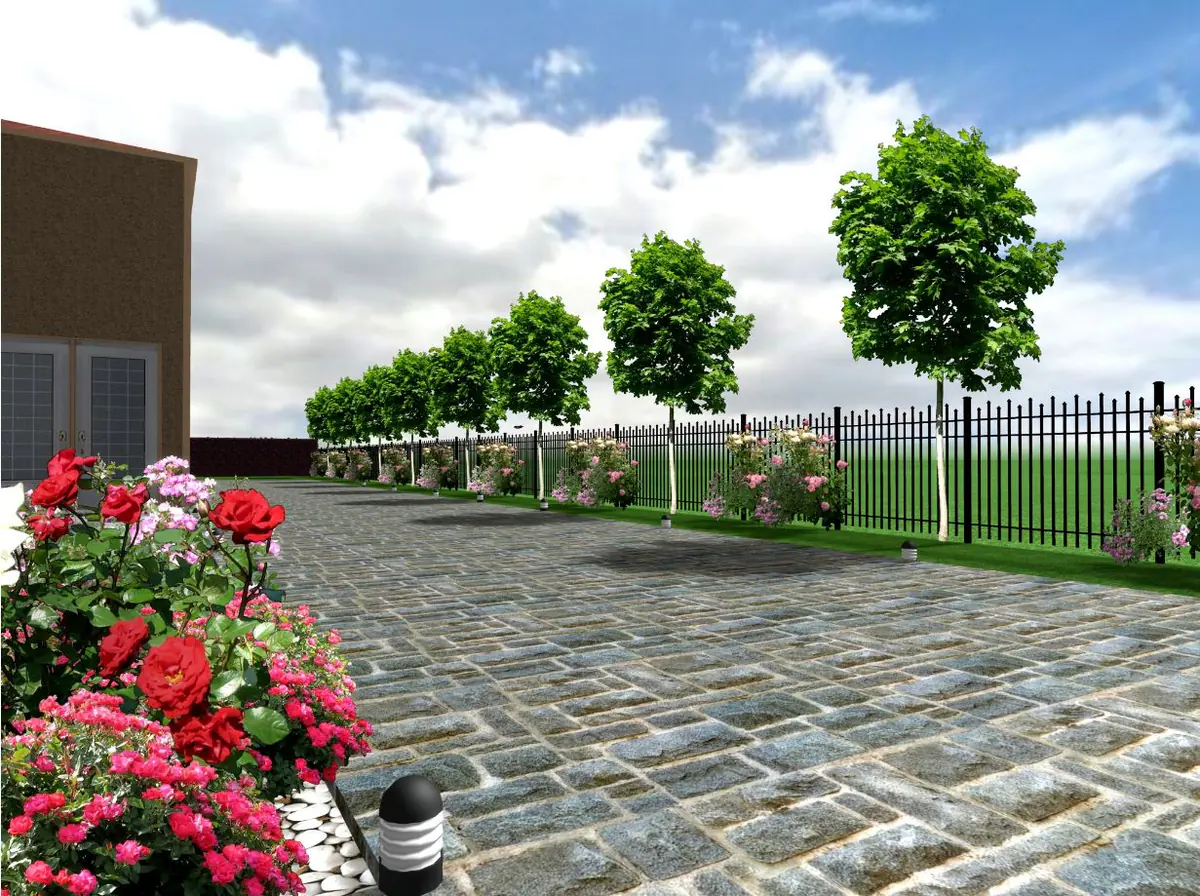 Render di un viale in porfido con alberi, rose e recinzione metallica