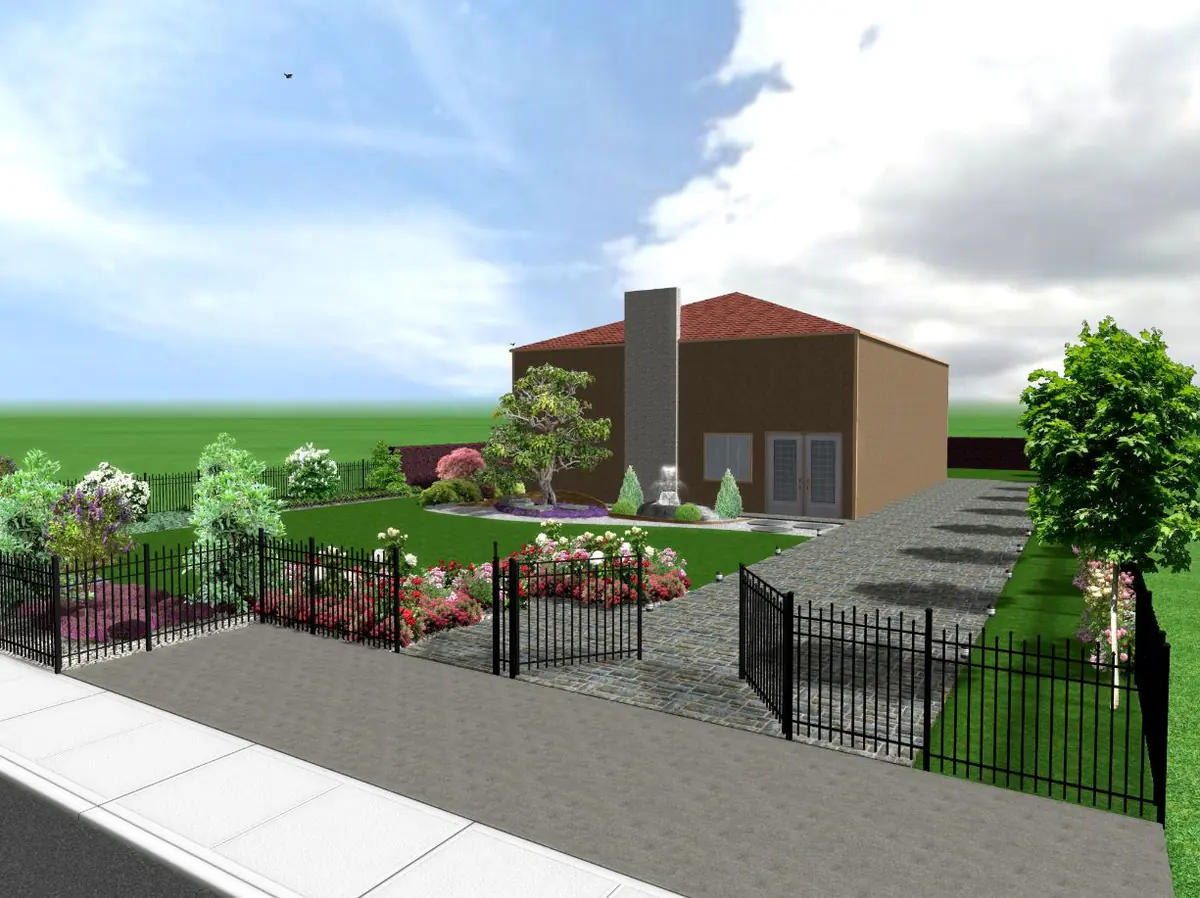 Render di progetto con recinzione nera, vialetto e prato davanti a una casa